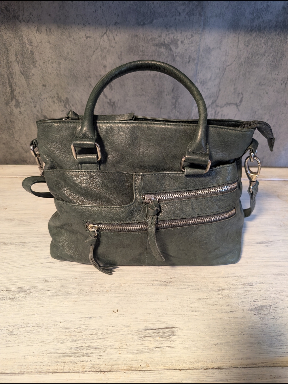 Dark Green Leather Tote Bag with Top Handles